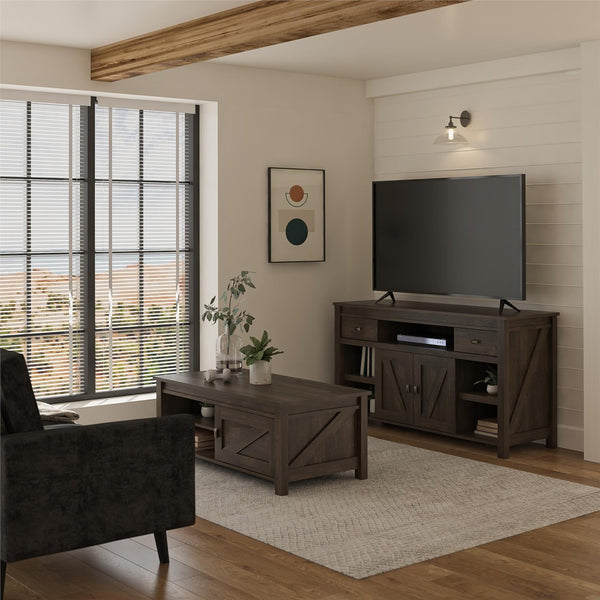 English Elm Farmington Rustic Barn Wood Tv Stand with Sliding Doors and Drawer Storage B2733S00022