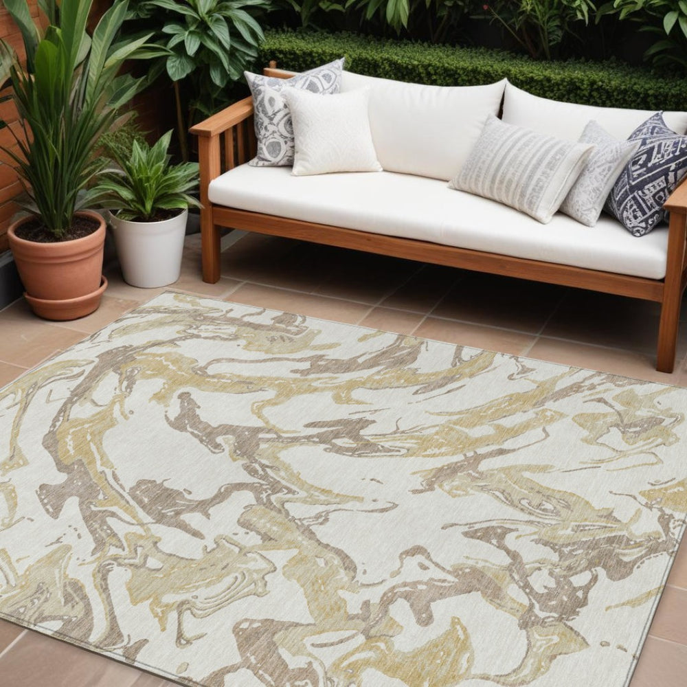 HomeRoots 9' X 12' Ivory Gold Brown Abstract Rug - Stylish, Washable, Durable for Indoor & Outdoor Spaces 600100