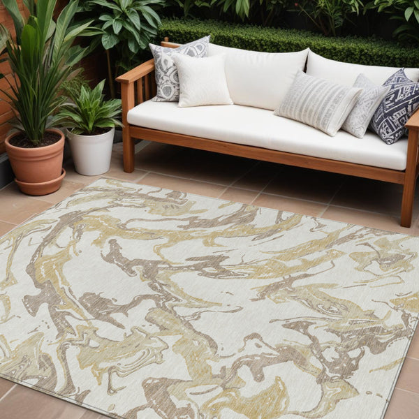 Homeroots 3' Artichoke Green And Ivory Abstract Washable Rug For Indoor And Outdoor Use - Stylish And Durable 10' X 14' Polyester 600101