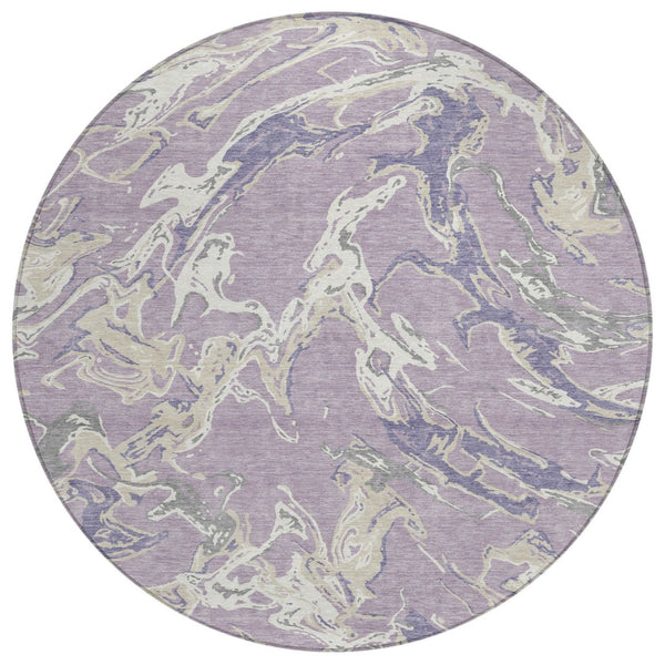 HomeRoots 5' Elegant Lavender and Ivory Abstract Washable Area Rug for Indoor and Outdoor High-Traffic Use 8' Round 600104