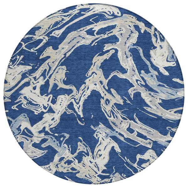 HomeRoots 5' Abstract Washable Indoor Outdoor Area Rug in Navy, Gray, and Ivory – Durable & Stylish Upgrade 8' Round 600110