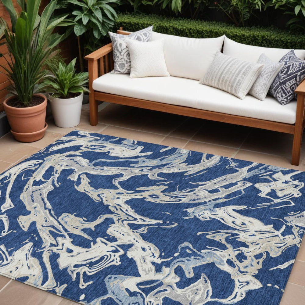 HomeRoots 9' X 12' Washable Navy Blue, Gray & Ivory Abstract Area Rug – Durable, Stylish for Indoor & Outdoor Use 600112