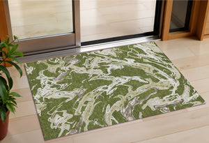 Homeroots 3' Artichoke Green And Ivory Abstract Washable Rug For Indoor And Outdoor Use - Stylish And Durable 3' X 5' Polyester 600114