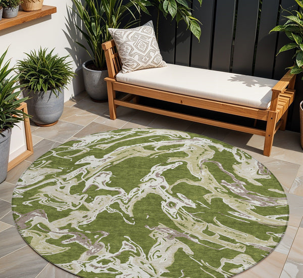 Homeroots 3' Artichoke Green And Ivory Abstract Washable Rug For Indoor And Outdoor Use - Stylish And Durable 8' Round Polyester 600116