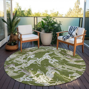 Homeroots 3' Artichoke Green And Ivory Abstract Washable Rug For Indoor And Outdoor Use - Stylish And Durable 8' Round Polyester 600116
