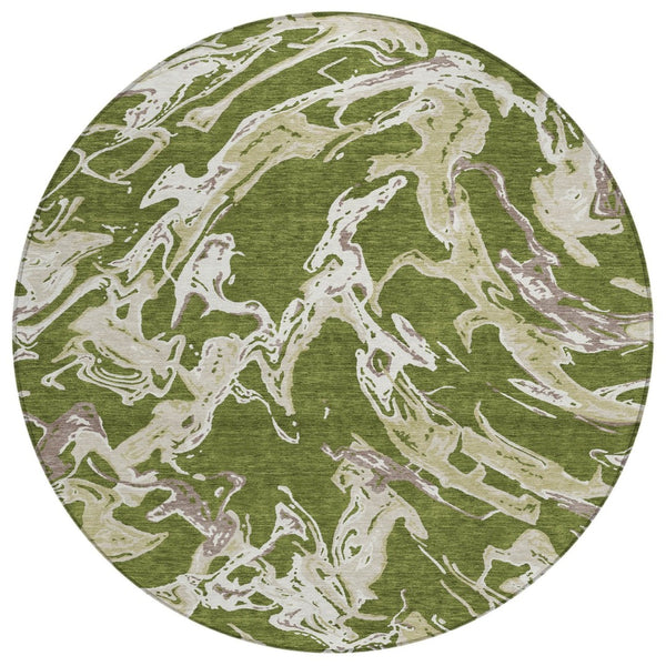 HomeRoots 5' Olive Green and Ivory Abstract Area Rug for Indoor Outdoor Use - Stylish, Durable, and Washable 8' Round 600116