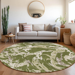 Homeroots 3' Artichoke Green And Ivory Abstract Washable Rug For Indoor And Outdoor Use - Stylish And Durable 8' Round Polyester 600116
