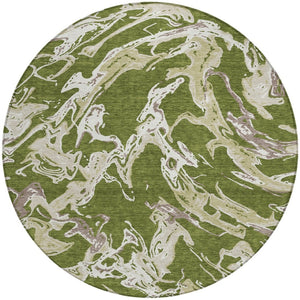 Homeroots 3' Artichoke Green And Ivory Abstract Washable Rug For Indoor And Outdoor Use - Stylish And Durable 8' Round Polyester 600116