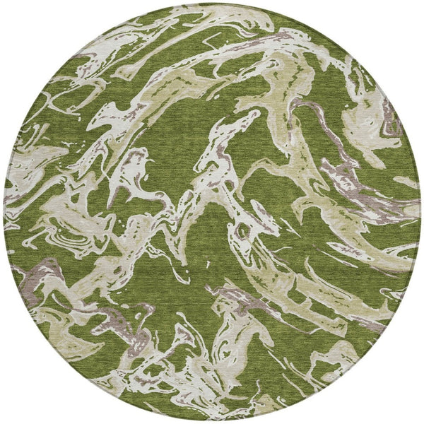 Homeroots 3' Artichoke Green And Ivory Abstract Washable Rug For Indoor And Outdoor Use - Stylish And Durable 8' Round Polyester 600116