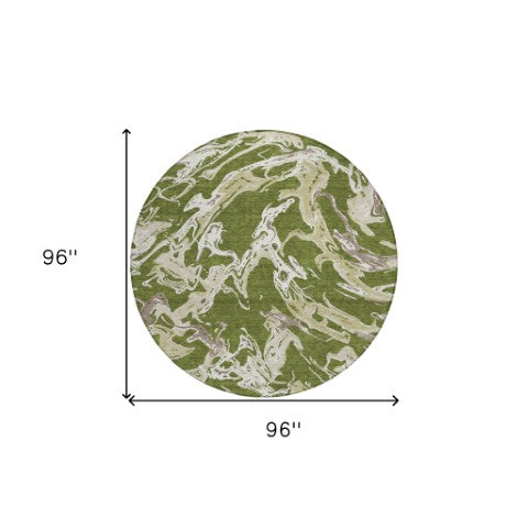 Homeroots 3' Artichoke Green And Ivory Abstract Washable Rug For Indoor And Outdoor Use - Stylish And Durable 8' Round Polyester 600116