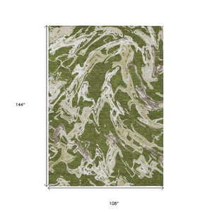 Homeroots 3' Artichoke Green And Ivory Abstract Washable Rug For Indoor And Outdoor Use - Stylish And Durable 9' X 12' Polyester 600118