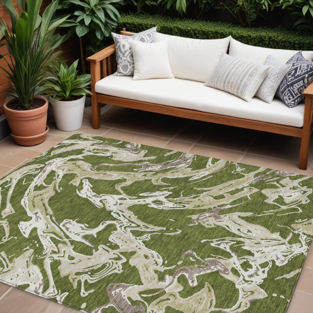 HomeRoots 9' X 12' Olive Green & Ivory Abstract Area Rug - Washable, Stain-Resistant, Ideal for Indoor/Outdoor Use 600118