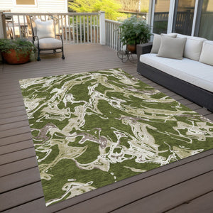 Homeroots 3' Artichoke Green And Ivory Abstract Washable Rug For Indoor And Outdoor Use - Stylish And Durable 9' X 12' Polyester 600118
