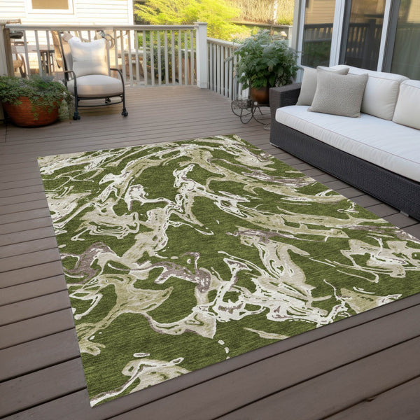 Homeroots 3' Artichoke Green And Ivory Abstract Washable Rug For Indoor And Outdoor Use - Stylish And Durable 9' X 12' Polyester 600118