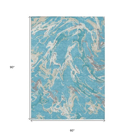 Homeroots 3' Artichoke Green And Ivory Abstract Washable Rug For Indoor And Outdoor Use - Stylish And Durable 5' X 8' Polyester 600127