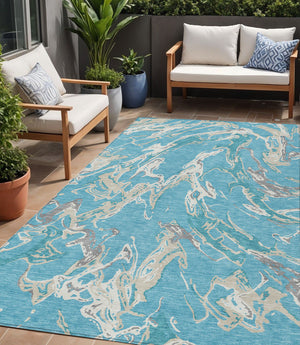 Homeroots 3' Artichoke Green And Ivory Abstract Washable Rug For Indoor And Outdoor Use - Stylish And Durable 5' X 8' Polyester 600127