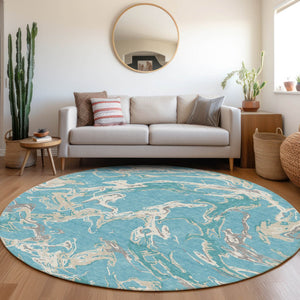 Homeroots 3' Artichoke Green And Ivory Abstract Washable Rug For Indoor And Outdoor Use - Stylish And Durable 8' Round Polyester 600128