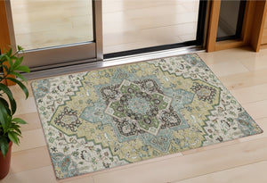 Homeroots 3' Beige Green Brown Oriental Washable Area Rug For Indoor Outdoor Spaces - Durable & Stylish 3' X 5' Polyester 600132
