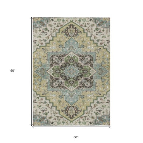 Homeroots 3' Beige Green Brown Oriental Washable Area Rug For Indoor Outdoor Spaces - Durable & Stylish 5' X 8' Polyester 600133