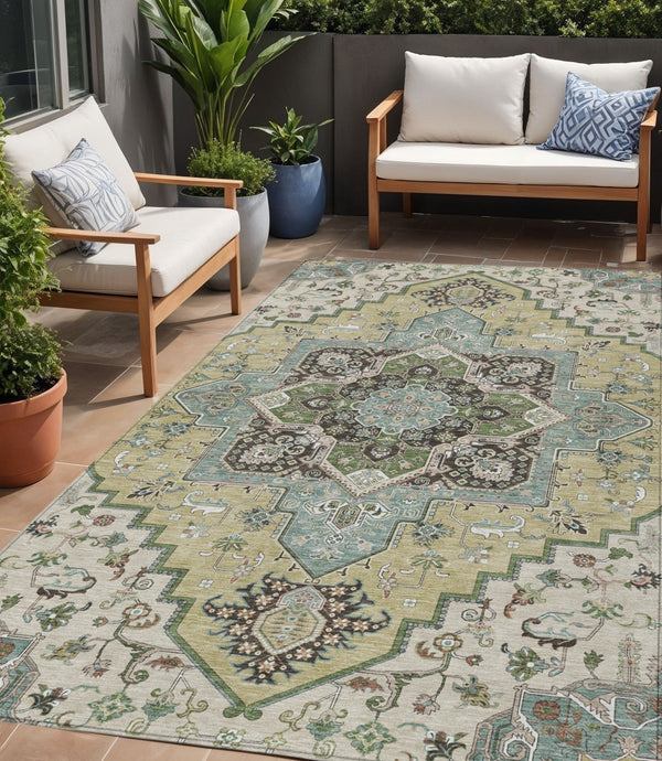 Homeroots 3' Beige Green Brown Oriental Washable Area Rug For Indoor Outdoor Spaces - Durable & Stylish 5' X 8' Polyester 600133