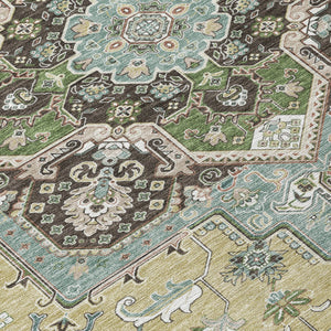 Homeroots 3' Beige Green Brown Oriental Washable Area Rug For Indoor Outdoor Spaces - Durable & Stylish 5' X 8' Polyester 600133