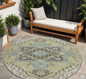 Homeroots 3' Beige Green Brown Oriental Washable Area Rug For Indoor Outdoor Spaces - Durable & Stylish 8' Round Polyester 600134