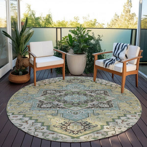 Homeroots 3' Beige Green Brown Oriental Washable Area Rug For Indoor Outdoor Spaces - Durable & Stylish 8' Round Polyester 600134