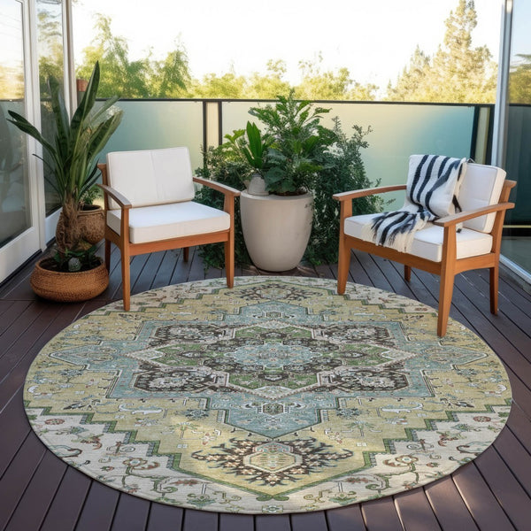 Homeroots 3' Beige Green Brown Oriental Washable Area Rug For Indoor Outdoor Spaces - Durable & Stylish 8' Round Polyester 600134
