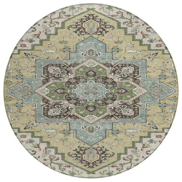 HomeRoots 5' Timeless Beige Green Brown Oriental Washable Area Rug for Indoor & Outdoor Durability and Style 8' Round 600134
