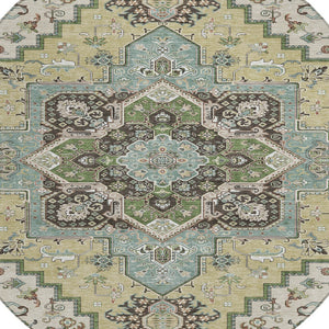 Homeroots 3' Beige Green Brown Oriental Washable Area Rug For Indoor Outdoor Spaces - Durable & Stylish 8' Round Polyester 600134