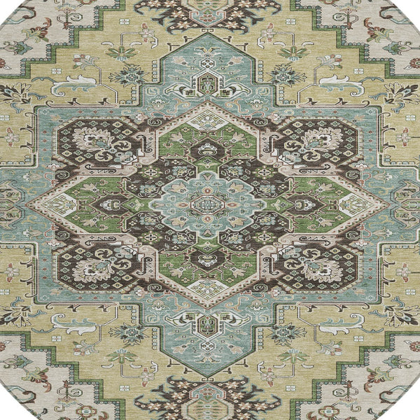 Homeroots 3' Beige Green Brown Oriental Washable Area Rug For Indoor Outdoor Spaces - Durable & Stylish 8' Round Polyester 600134
