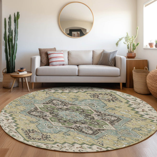 Homeroots 3' Beige Green Brown Oriental Washable Area Rug For Indoor Outdoor Spaces - Durable & Stylish 8' Round Polyester 600134