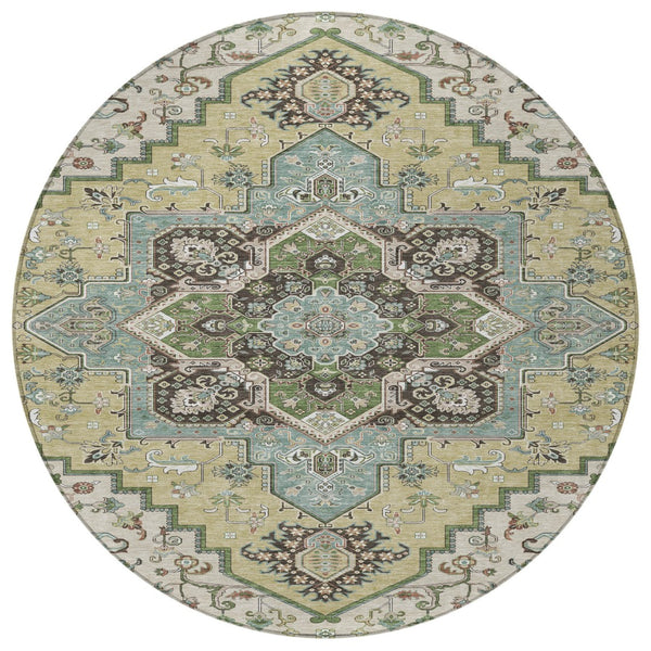 Homeroots 3' Beige Green Brown Oriental Washable Area Rug For Indoor Outdoor Spaces - Durable & Stylish 8' Round Polyester 600134