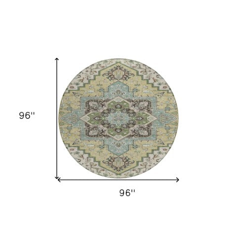 Homeroots 3' Beige Green Brown Oriental Washable Area Rug For Indoor Outdoor Spaces - Durable & Stylish 8' Round Polyester 600134
