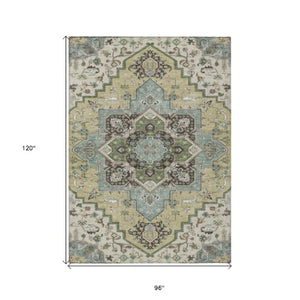 Homeroots 3' Beige Green Brown Oriental Washable Area Rug For Indoor Outdoor Spaces - Durable & Stylish 8' X 10' Polyester 600135
