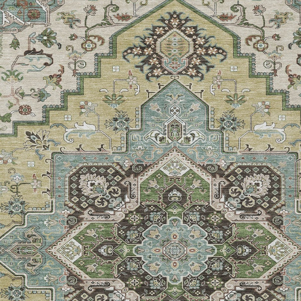 Homeroots 3' Beige Green Brown Oriental Washable Area Rug For Indoor Outdoor Spaces - Durable & Stylish 8' X 10' Polyester 600135