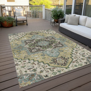 HomeRoots 9' X 12' Durable Beige Green Brown Oriental Area Rug - Washable, Stain-Resistant for Indoors & Outdoors 600136