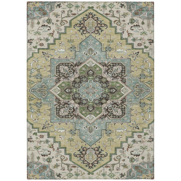 HomeRoots 9' X 12' Durable Beige Green Brown Oriental Area Rug - Washable, Stain-Resistant for Indoors & Outdoors 600136