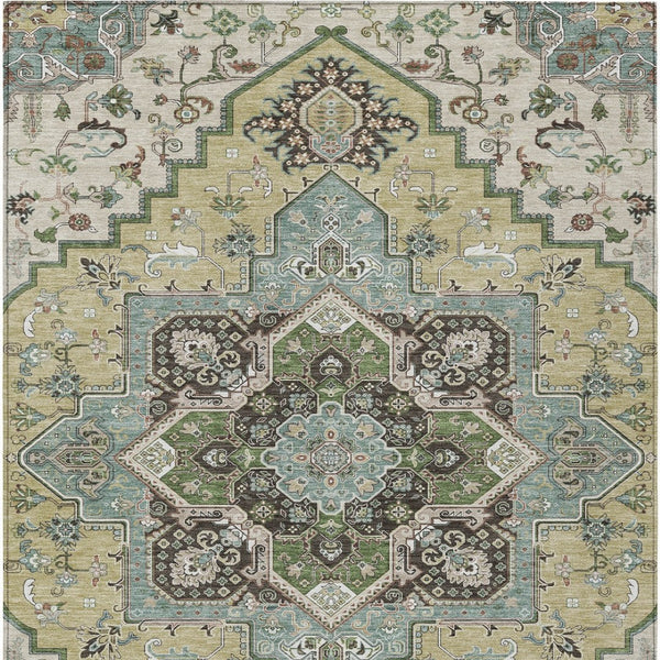 Homeroots 3' Beige Green Brown Oriental Washable Area Rug For Indoor Outdoor Spaces - Durable & Stylish 10' X 14' Polyester 600137