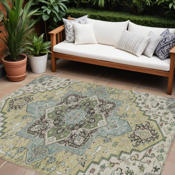 Homeroots 3' Beige Green Brown Oriental Washable Area Rug For Indoor Outdoor Spaces - Durable & Stylish 10' X 14' Polyester 600137