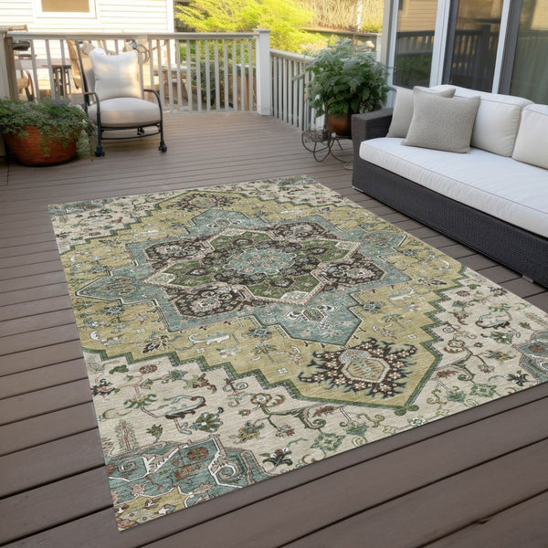 Homeroots 3' Beige Green Brown Oriental Washable Area Rug For Indoor Outdoor Spaces - Durable & Stylish 10' X 14' Polyester 600137