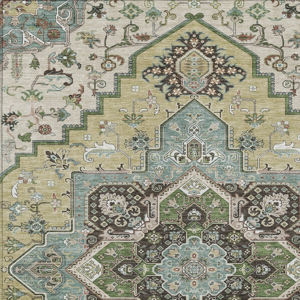 Homeroots 3' Beige Green Brown Oriental Washable Area Rug For Indoor Outdoor Spaces - Durable & Stylish 10' X 14' Polyester 600137