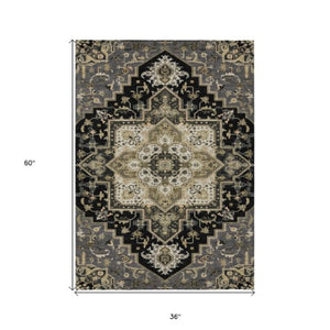 Homeroots 3' Beige Green Brown Oriental Washable Area Rug For Indoor Outdoor Spaces - Durable & Stylish 3' X 5' Polyester 600138