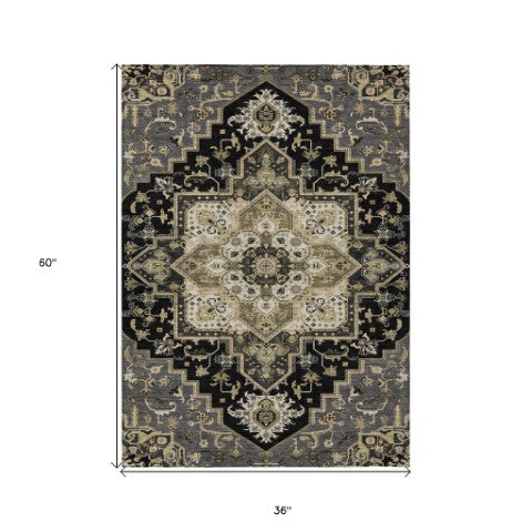 Homeroots 3' Beige Green Brown Oriental Washable Area Rug For Indoor Outdoor Spaces - Durable & Stylish 3' X 5' Polyester 600138