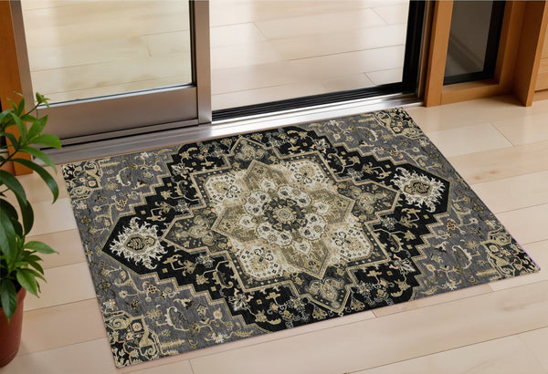 Homeroots 3' Beige Green Brown Oriental Washable Area Rug For Indoor Outdoor Spaces - Durable & Stylish 3' X 5' Polyester 600138