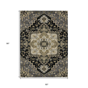 HomeRoots 5' Elegant Black, Gray & Ivory Oriental Area Rug - Durable, Washable for Indoor & Outdoor Charm 5' X 8' 600139