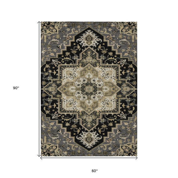 HomeRoots 5' Elegant Black, Gray & Ivory Oriental Area Rug - Durable, Washable for Indoor & Outdoor Charm 5' X 8' 600139
