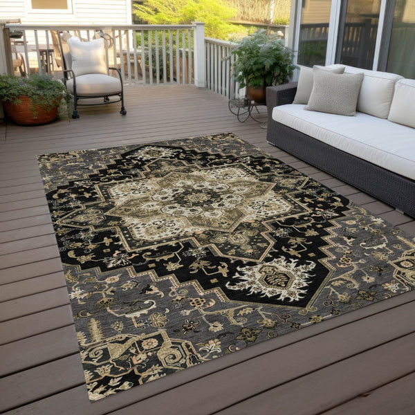 HomeRoots 5' Elegant Black, Gray & Ivory Oriental Area Rug - Durable, Washable for Indoor & Outdoor Charm 5' X 8' 600139