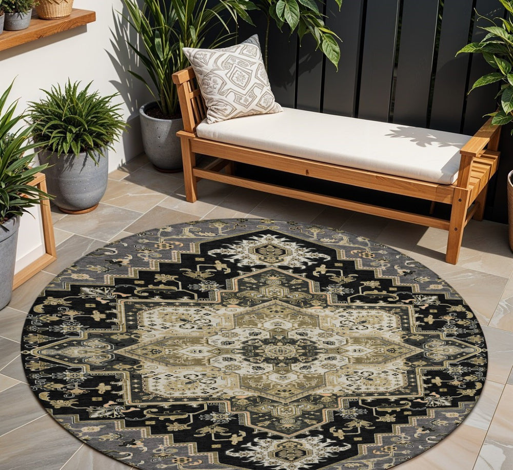 HomeRoots 5' Elegant Black, Gray & Ivory Oriental Area Rug - Durable, Washable for Indoor & Outdoor Charm 8' Round 600140