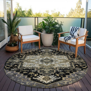 Homeroots 3' Beige Green Brown Oriental Washable Area Rug For Indoor Outdoor Spaces - Durable & Stylish 8' Round Polyester 600140
